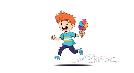 Happy young boy with bright orange hair running joyfully while holding a tall cone with multiple scoops of colorful ice cream on a white background.