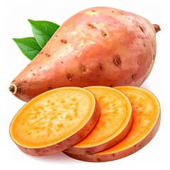 Freshly harvested sweet potato, whole and sliced, with green leaves