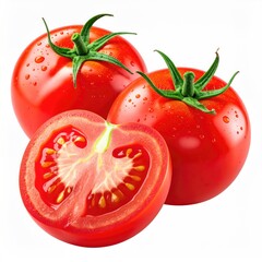 Three ripe tomatoes, one halved, showing juicy flesh, with green stems