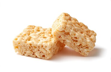Two crispy rice cereal treats sweet snack food isolated on white background for baking