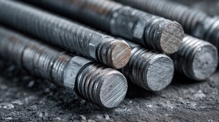 Close-up of steel bars with textured surfaces and threaded ends, hinting at construction materials resting on a rough surface