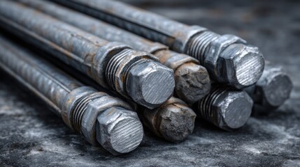 Metal rods secured with hexagonal nuts, showing wear and patina, stacked closely on a textured surface