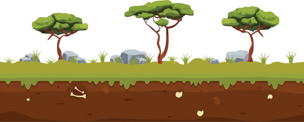 Savanna Ground Cross-Section Illustration with Trees Fossils and Rocks © Anila