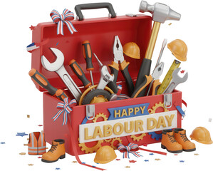 A bright red toolbox overflows with various tools including wrenches screwdrivers pliers and a hammer adorned with patriotic ribbons and confetti celebrating Labour Day holiday construction