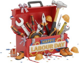 A bright red toolbox overflows with various tools including wrenches screwdrivers pliers and a hammer adorned with patriotic ribbons and confetti celebrating Labour Day holiday construction