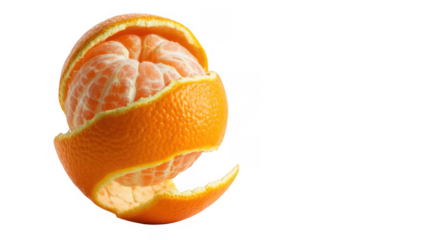 Partially peeled orange with curled peel fruit isolated on a transparent background