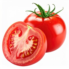 A whole red fruit next to a cross-section, revealing seeds and pulp