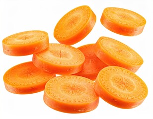 Scattered, freshly sliced orange vegetable pieces, isolated