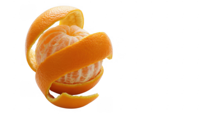 Peeled orange with curled segments fruit isolated on a transparent background
