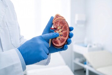 Medical professional studies anatomical model of human kidney in bright clinic setting, emphasizing healthcare and anatomy education