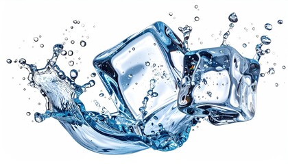 Two ice cubes impact water creating a splash against white