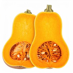 Two halves of a butternut squash, cut open, showing seeds