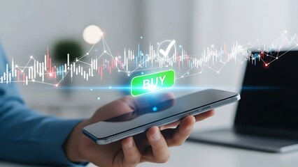Hand holding a smartphone with a stock market graph and buy button on display