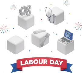 Illustrated three dimensional cubes displaying gears stethoscope wrenches and laptop with LABOUR DAY ribbon and confetti holiday celebration work industry healthcare technology tools