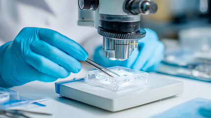 Scientist in blue gloves examining samples under a microscope in a laboratory