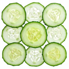 Nine circular cucumber slices neatly arranged. Top-down view, white background