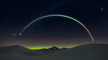 A breathtaking nightscape displays a vibrant green and red arc stretching across a starry sky above snowy mountains