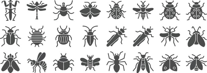 Set of 32 solid black glyph icons representing various insects including beetles, bees, spiders, and ants in a clean flat style.