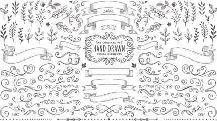 Vintage hand-drawn design elements collection featuring ornate floral swirls, decorative ribbons, banners, and leaf branches. © muhammad