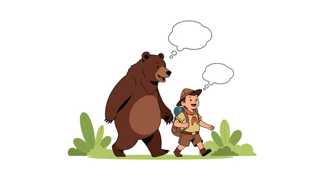 Small scout boy and a large friendly brown bear walking together through a green field with white thought bubbles above them.