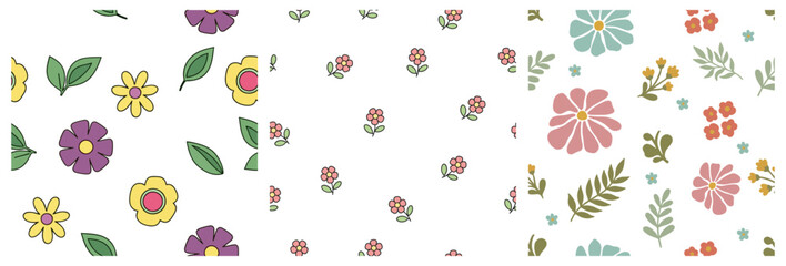 Vector seamless floral pattern collection set of three different styles doodle minimalist and boho flowers background spring nature repeat print