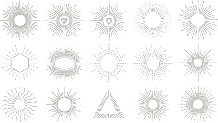 Collection of 15 vintage sunburst and starburst vector elements with rays, diamonds, and geometric line art symbols. © Khan