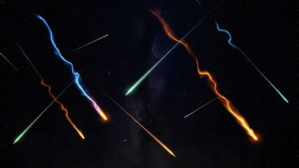 A breathtaking view of colorful meteor showers against a dark starry night sky showcasing cosmic beauty