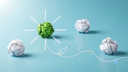 Bright green paper ball symbolizing a brilliant fresh idea emerging successfully from discarded white crumpled paper failures on a blue background