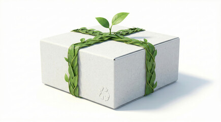 Sustainable packaging box with green leaves and recycling symbol