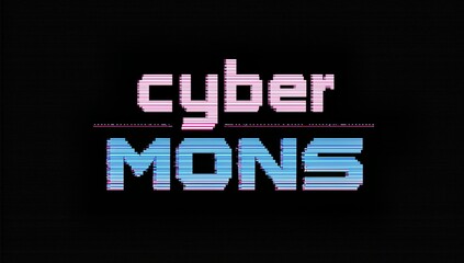 A retro-futuristic digital logo displaying 'cyber' in pink and 'MONS' in blue with a glitch effect on a black background.