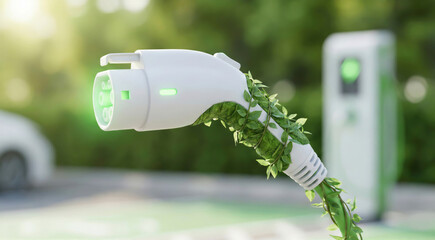 Electric vehicle charger entwined with green leaves for sustainable transport