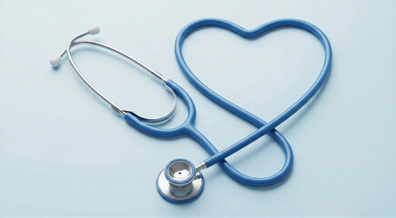 Blue stethoscope forming heart shape symbolizing healthcare and compassion