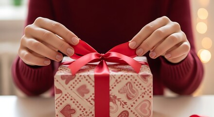 Close up of hands tying a red ribbon bow on a wrapped gift box, perfect for celebrations and special occasions