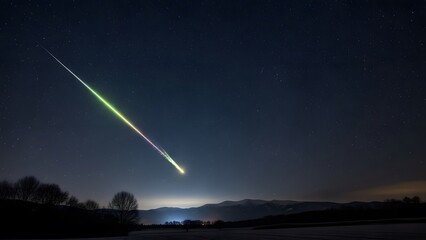 A vibrant green meteor streaks across the dark night sky illuminating distant mountains and a silhouetted landscape