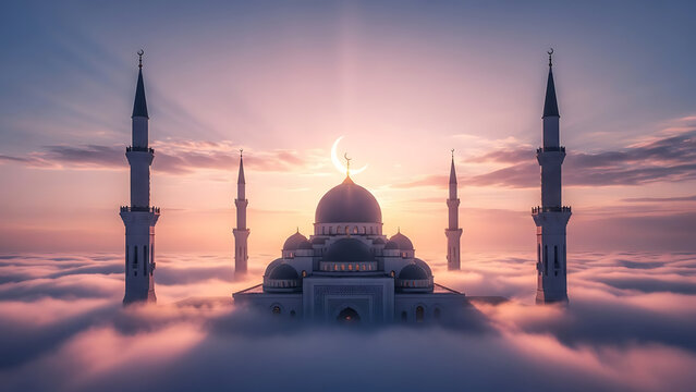 Ethereal mosque in clouds heralds a new year's peaceful spiritual awakening