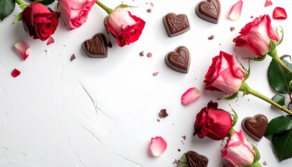 白背景で映えるチョコとバラのバレンタイン素材