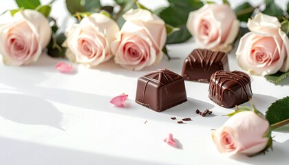白背景で映えるチョコとバラのバレンタイン素材
