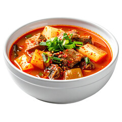 Fototapeta premium Hearty kimchi jjigae stew with aged kimchi and tender pork belly, isolated on white background for a bright and warming food concept