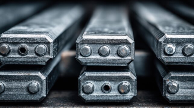 Close-up view of multiple, industrial metallic components, rectangular with raised edges, and bolt-secured ends, arranged in stacked rows