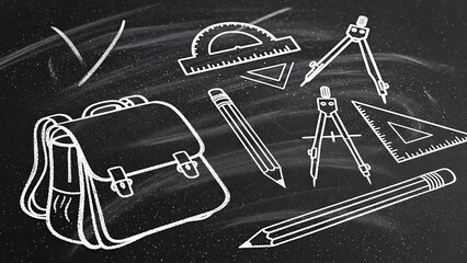 Chalk drawing of school supplies and geometry tool set on blackboard