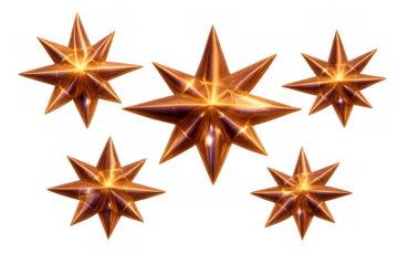 Golden glowing metallic stars with sparkling light, creating a festive celestial decoration on a transparent background