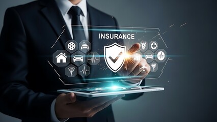 Professional interacts with digital insurance interface, showcasing modern technological solutions for comprehensive financial protection and online security