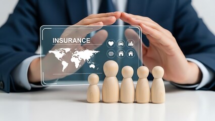 Digital global insurance protection for family and individual financial security, with hands safeguarding a network of assets and a world map display