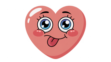 Pink heart with blue eyes and tongue out cartoon heart shape isolated on a transparent background