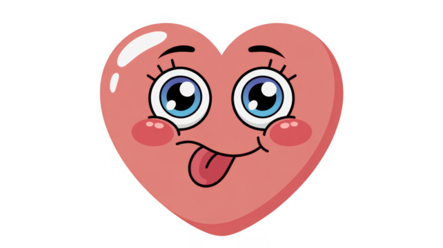 Pink heart with blue eyes and tongue out cartoon heart shape isolated on a transparent background - Powered by Adobe
