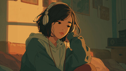 ヘッドフォンで音楽を聞く女性をYouTube動画サムネイル用にアニメスタイルで描いたAI生成画