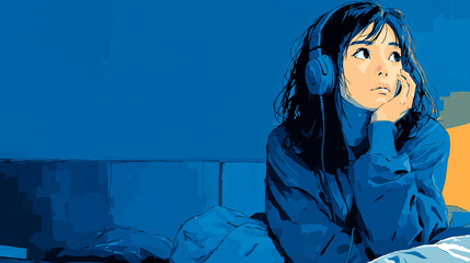 ヘッドフォンで音楽を聞く女性をYouTube動画サムネイル用にアニメスタイルで描いたAI生成画