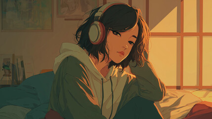 ヘッドフォンで音楽を聞く女性をYouTube動画サムネイル用にアニメスタイルで描いたAI生成画