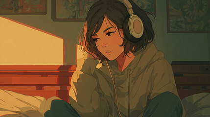 ヘッドフォンで音楽を聞く女性をYouTube動画サムネイル用にアニメスタイルで描いたAI生成画