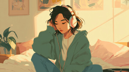 ヘッドフォンで音楽を聞く女性をYouTube動画サムネイル用にアニメスタイルで描いたAI生成画